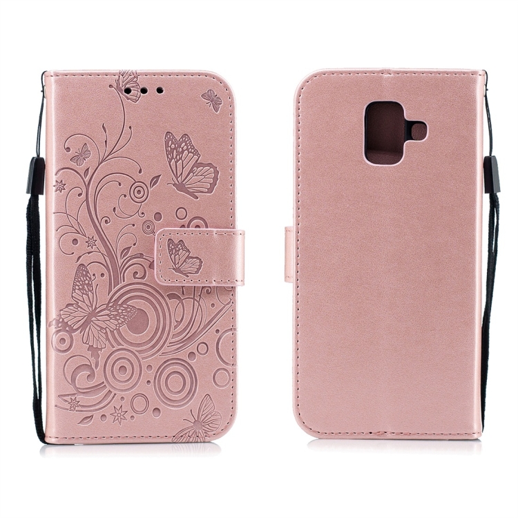 

For Galaxy A6+ (2018) Butterflies Love Flowers Pattern Horizontal Flip Leather Case with Holder & Card Slots & Wallet & Lanyard(Rose Gold)