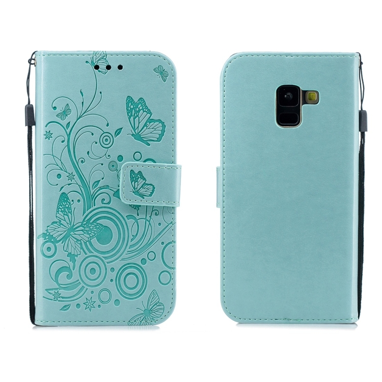 

For Galaxy A8 (2018) Butterflies Love Flowers Pattern Horizontal Flip Leather Case with Holder & Card Slots & Wallet & Lanyard(Green)