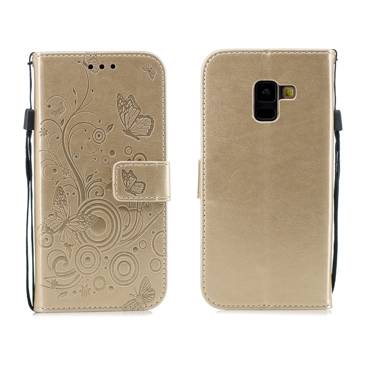 

For Galaxy A8 (2018) Butterflies Love Flowers Pattern Horizontal Flip Leather Case with Holder & Card Slots & Wallet & Lanyard(Gold)