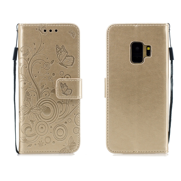 

For Galaxy S9 Butterflies Love Flowers Pattern Horizontal Flip Leather Case with Holder & Card Slots & Wallet & Lanyard(Gold)