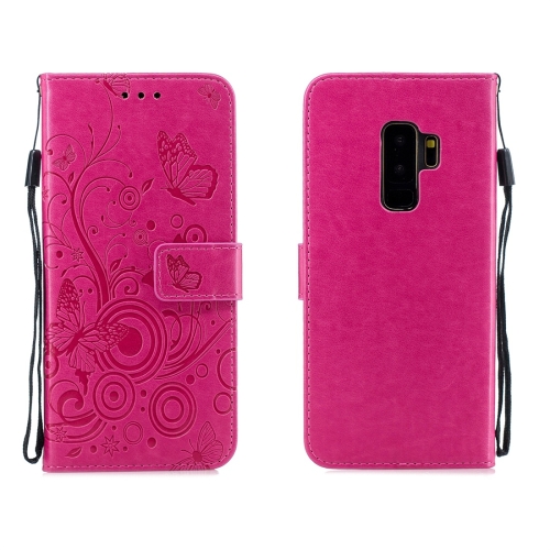 

For Galaxy S9+ Butterflies Love Flowers Pattern Horizontal Flip Leather Case with Holder & Card Slots & Wallet & Lanyard(Rose Red)