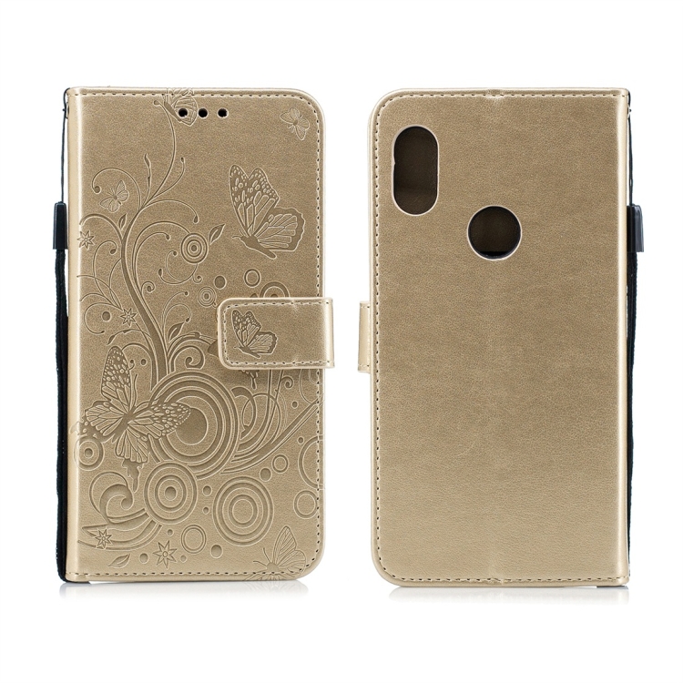 

For Xiaomi Redmi Note 6 Butterflies Love Flowers Pattern Horizontal Flip Leather Case with Holder & Card Slots & Wallet & Lanyard(Gold)