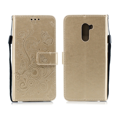 

For Xiaomi Pocophone F1 Butterflies Love Flowers Pattern Horizontal Flip Leather Case with Holder & Card Slots & Wallet & Lanyard(Gold)