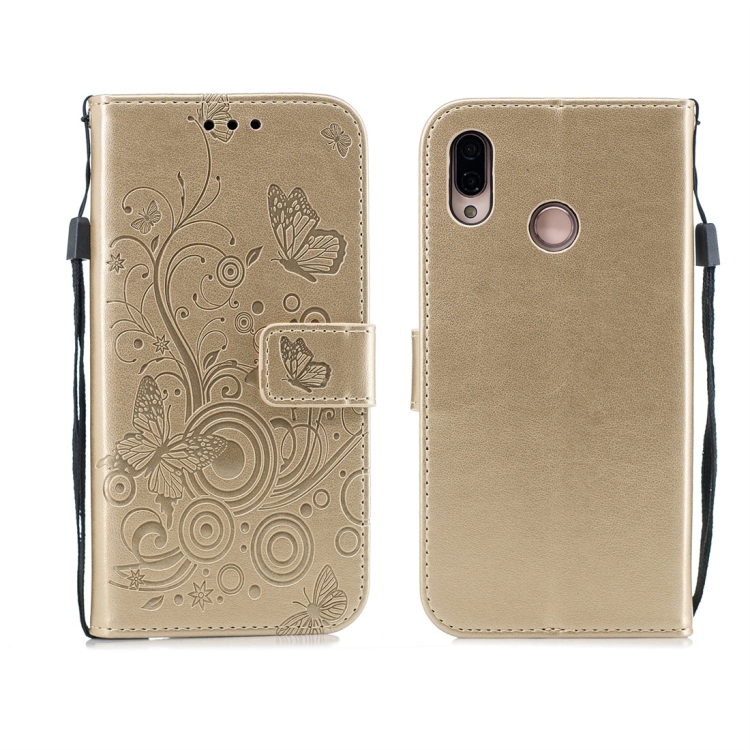 

For Huawei P20 Lite Butterflies Love Flowers Pattern Horizontal Flip Leather Case with Holder & Card Slots & Wallet & Lanyard(Gold)