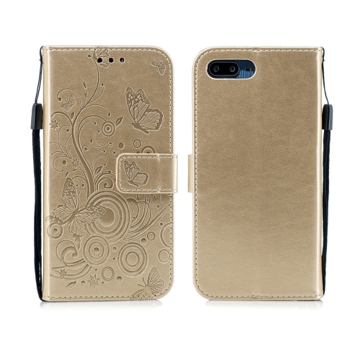 

For Huawei Honor 10 Butterflies Love Flowers Pattern Horizontal Flip Leather Case with Holder & Card Slots & Wallet & Lanyard(Gold)