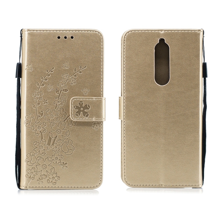 

For Nokia 5.1 Plum Flowers Pattern Horizontal Flip Leather Case with Holder & Card Slots & Wallet & Lanyard(Gold)