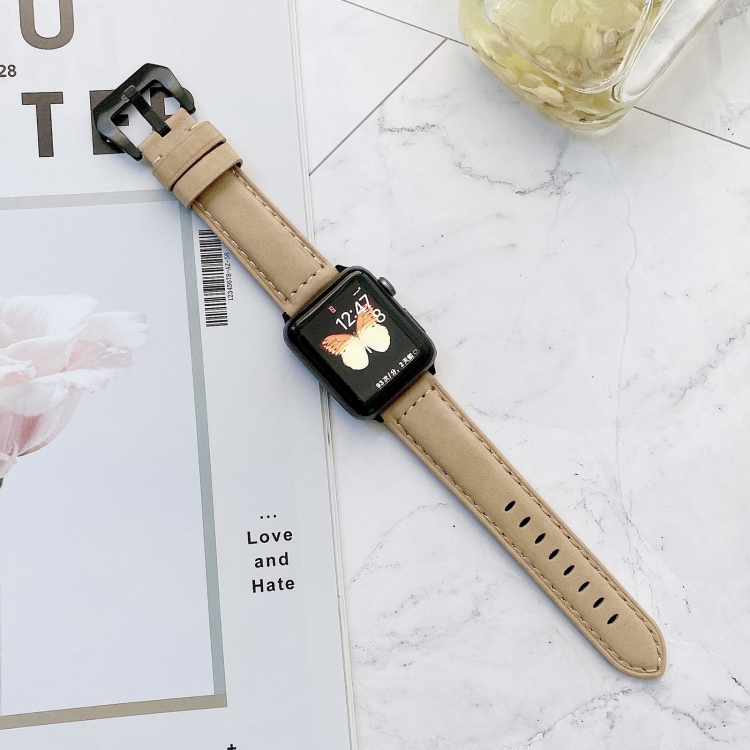 

Big Head Buckle Leather Replacement Watchbands For Apple Watch Series 6 & SE & 5 & 4 44mm / 3 & 2 & 1 42mm(Beige)