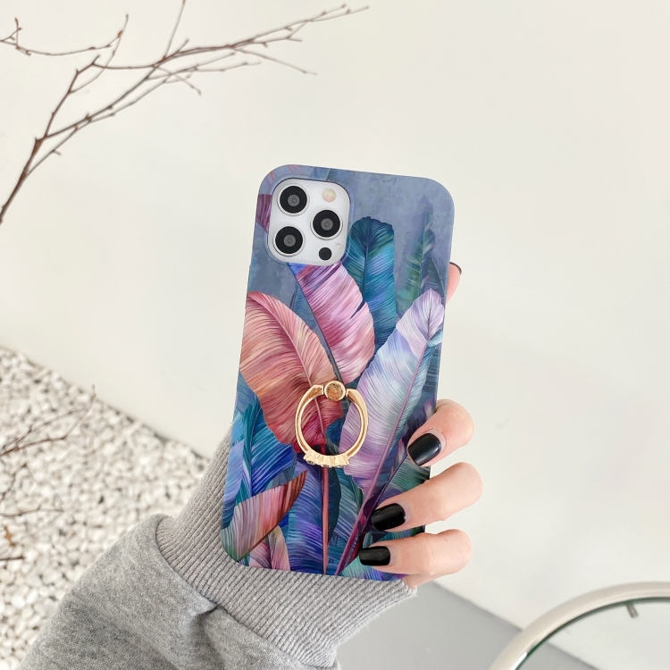 

Painted Pattern Shockproof Case with Ring Holder For iPhone 11 Pro Max(Banana Leaf)