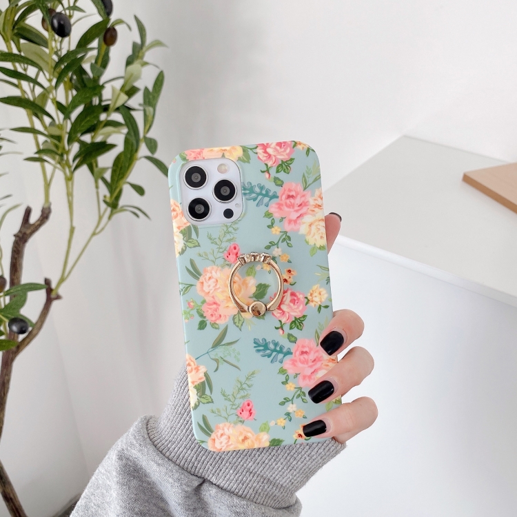 

Small Floral Pattern Shockproof Case with Ring Holder For iPhone 12 Pro Max(Light Green)