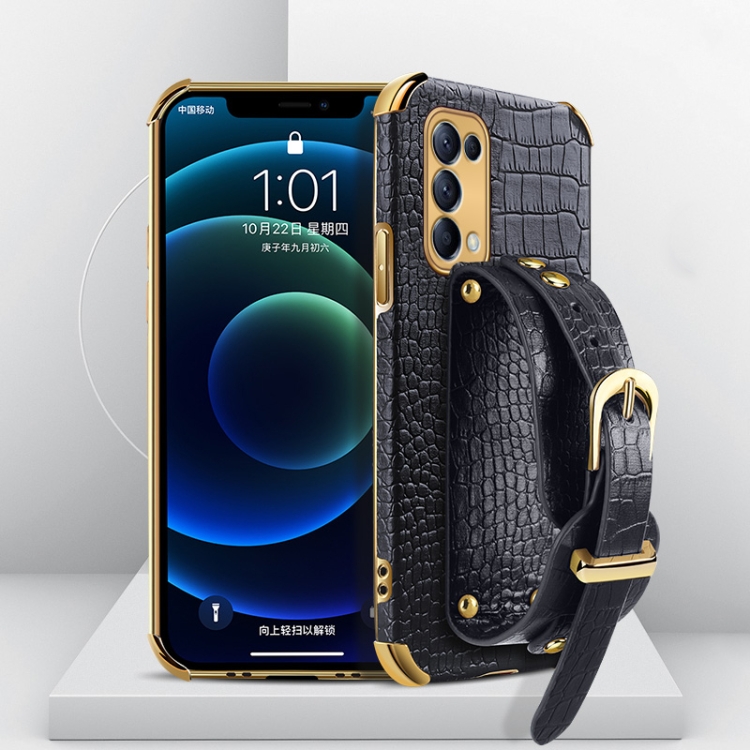 

For OPPO Reno5 Electroplated TPU Crocodile Pattern Leather Case with Wrist Strap(Black)