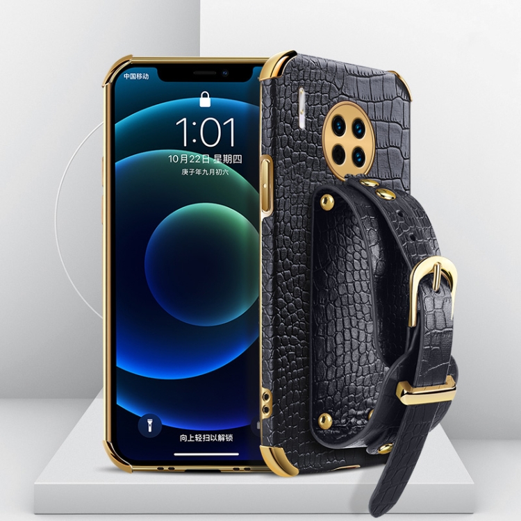 

For Huawei Mate 30 Pro Electroplated TPU Crocodile Pattern Leather Case with Wrist Strap(Black)