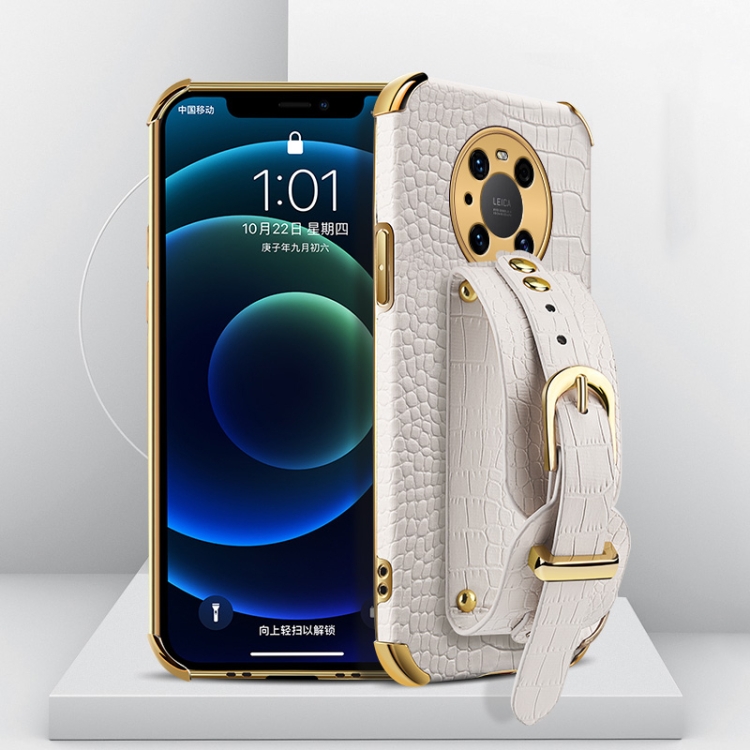 

For Huawei Mate 40 Pro Electroplated TPU Crocodile Pattern Leather Case with Wrist Strap(White)