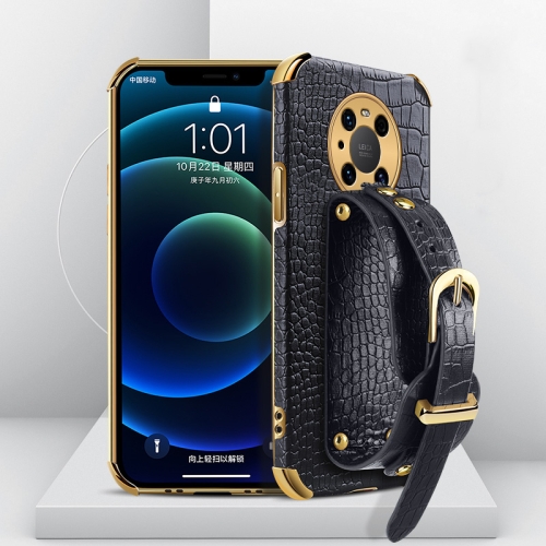 

For Huawei Mate 40 Pro Electroplated TPU Crocodile Pattern Leather Case with Wrist Strap(Black)