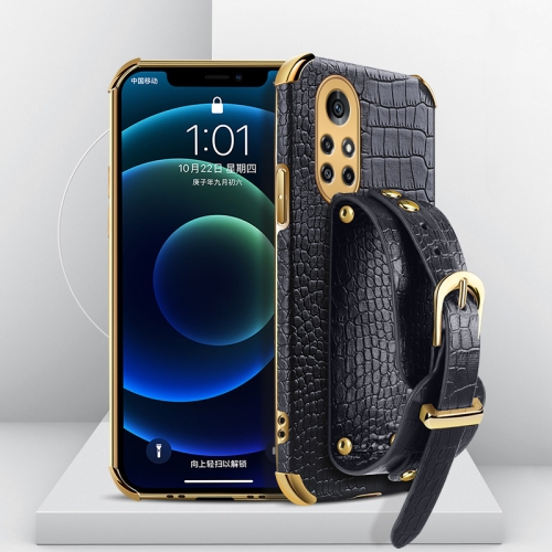 

For Huawei Nova 8 Pro Electroplated TPU Crocodile Pattern Leather Case with Wrist Strap(Black)