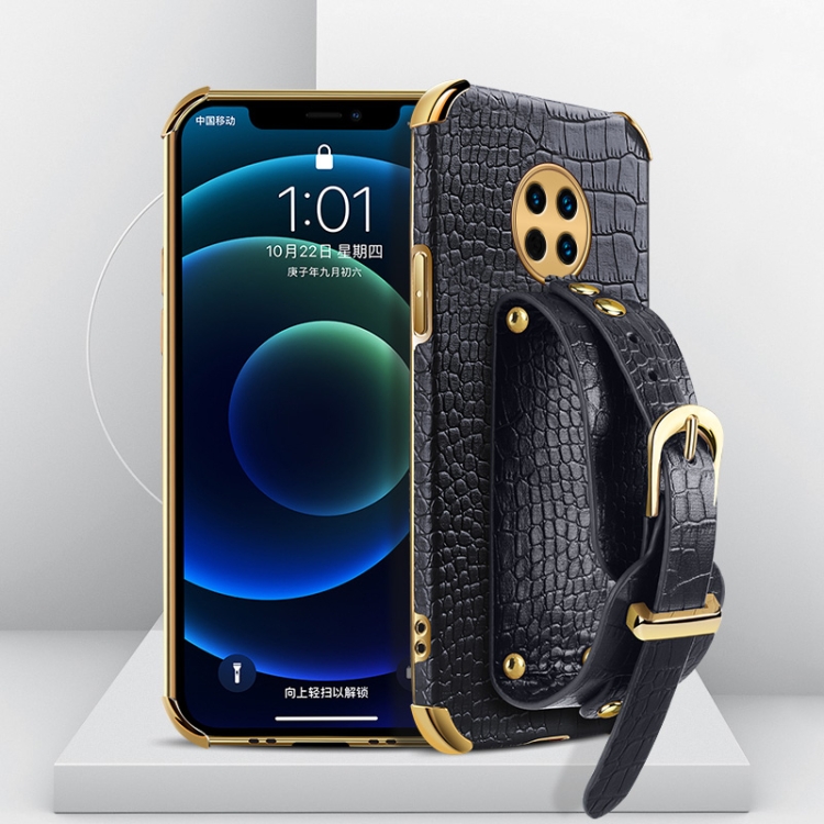 

For Huawei Enjoy 20 Plus Electroplated TPU Crocodile Pattern Leather Case with Wrist Strap(Black)