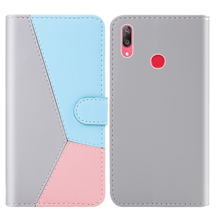 

For Huawei Y7 (2019) Tricolor Stitching Horizontal Flip TPU + PU Leather Case with Holder & Card Slots & Wallet(Grey)