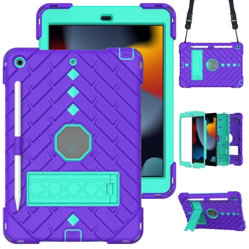 

Shockproof Rhombus Robot PC + Silicone Protective Case with Holder & Shoulder Strap For iPad 10.2 (2020) / (2019)(Purple+Mint Green)