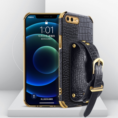 

Electroplated TPU Crocodile Pattern Leather Case with Wrist Strap For iPhone 8 Plus / 7 Plus(Black)
