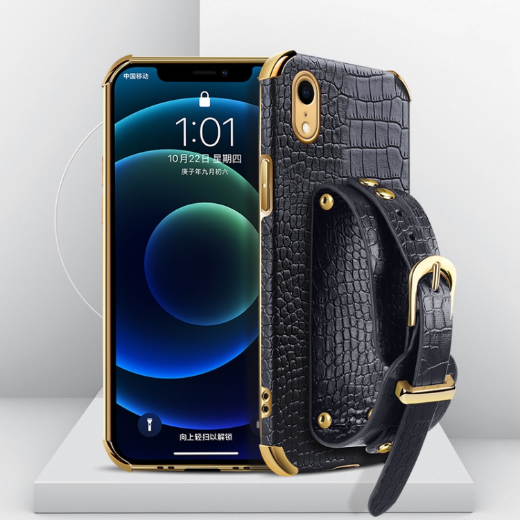 

Electroplated TPU Crocodile Pattern Leather Case with Wrist Strap For iPhone XR(Black)