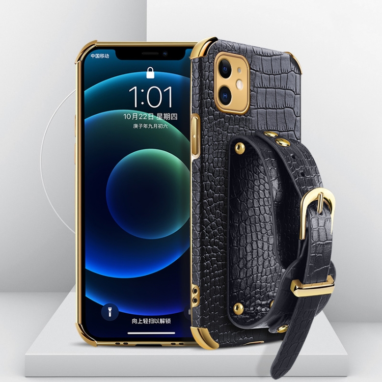 

Electroplated TPU Crocodile Pattern Leather Case with Wrist Strap For iPhone 11(Black)
