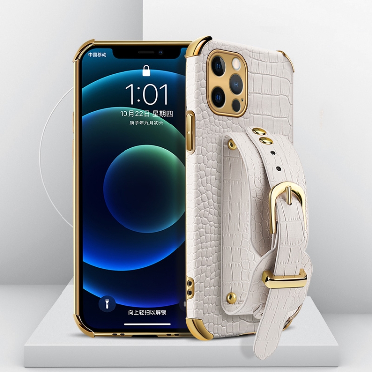 

Electroplated TPU Crocodile Pattern Leather Case with Wrist Strap For iPhone 12 Pro Max(White)