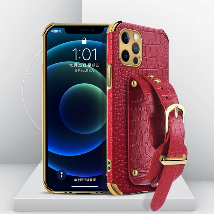 

Electroplated TPU Crocodile Pattern Leather Case with Wrist Strap For iPhone 12 Pro Max(Red)