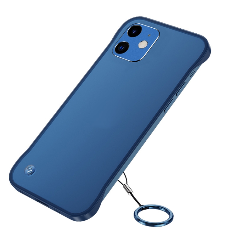 

For iPhone 12 Frosted Soft Four-corner Shockproof Case with Finger Ring Strap & Metal Lens Cover(Blue)