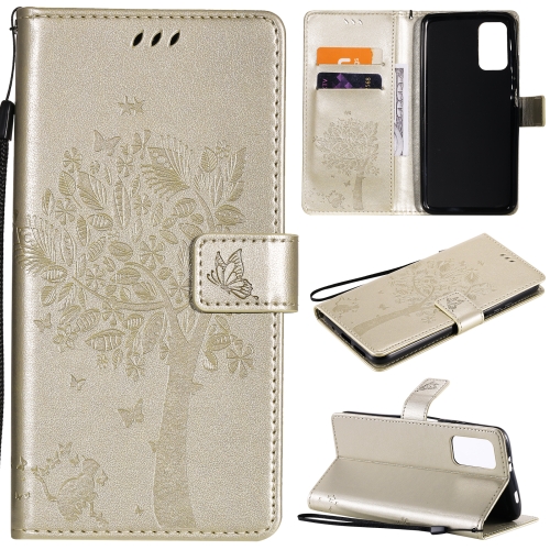 

For Xiaomi Redmi Note 9 4G Tree & Cat Pattern Pressed Printing Horizontal Flip PU Leather Case with Holder & Card Slots & Wallet & Lanyard(Gold)