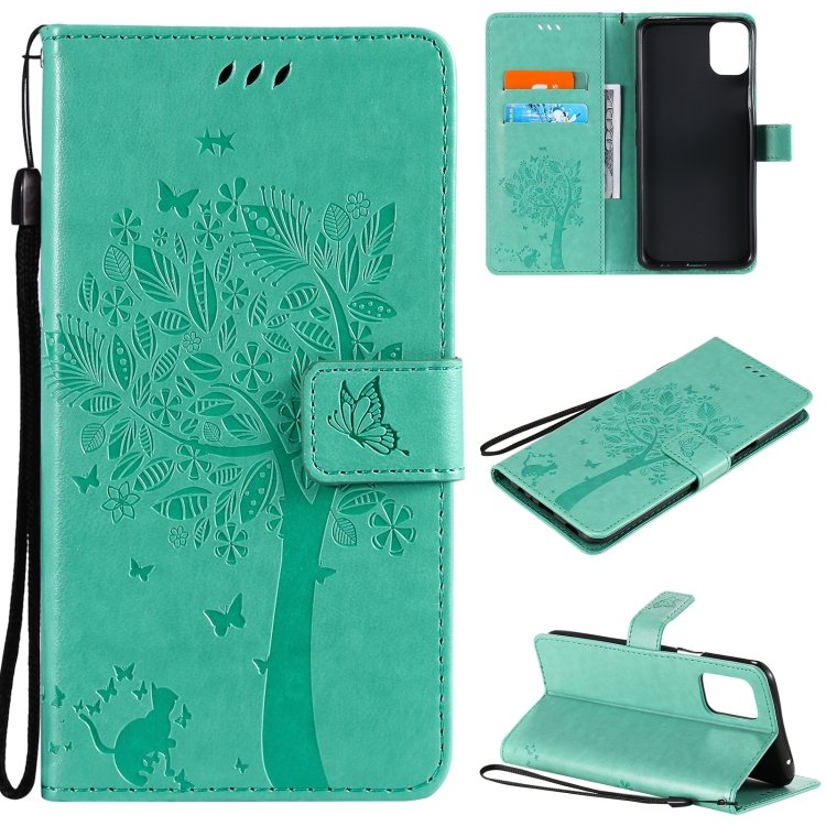 

For LG K42 Tree & Cat Pattern Pressed Printing Horizontal Flip PU Leather Case with Holder & Card Slots & Wallet & Lanyard(Green)
