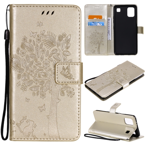 

For LG K92 5G Tree & Cat Pattern Pressed Printing Horizontal Flip PU Leather Case with Holder & Card Slots & Wallet & Lanyard(Gold)