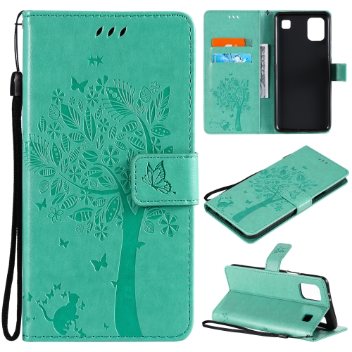 

For LG K92 5G Tree & Cat Pattern Pressed Printing Horizontal Flip PU Leather Case with Holder & Card Slots & Wallet & Lanyard(Green)