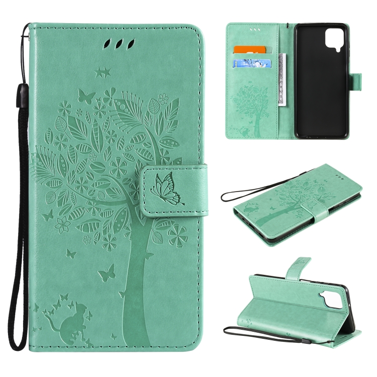 

For Samsung Galaxy A12 Tree & Cat Pattern Pressed Printing Horizontal Flip PU Leather Case with Holder & Card Slots & Wallet & Lanyard(Green)