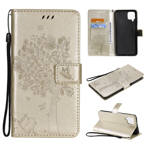 

For Samsung Galaxy A12 Tree & Cat Pattern Pressed Printing Horizontal Flip PU Leather Case with Holder & Card Slots & Wallet & Lanyard(Gold)