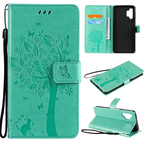For Samsung Galaxy A32 5G Tree & Cat Pattern Pressed Printing Horizontal Flip PU Leather Case with Holder & Card Slots & Wallet & Lanyard(Green)
