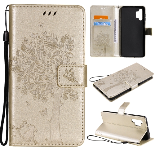 

For Samsung Galaxy A32 5G Tree & Cat Pattern Pressed Printing Horizontal Flip PU Leather Case with Holder & Card Slots & Wallet & Lanyard(Gold)