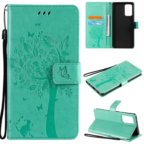 

For Samsung Galaxy A72 5G Tree & Cat Pattern Pressed Printing Horizontal Flip PU Leather Case with Holder & Card Slots & Wallet & Lanyard(Green)