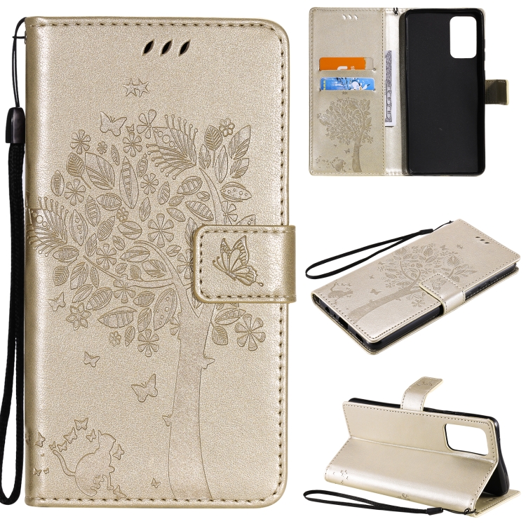 

For Samsung Galaxy A72 5G Tree & Cat Pattern Pressed Printing Horizontal Flip PU Leather Case with Holder & Card Slots & Wallet & Lanyard(Gold)