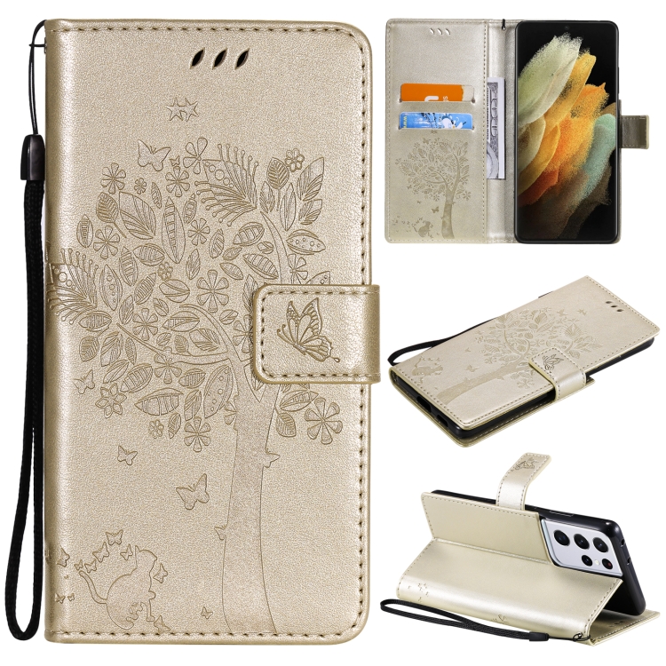 

For Samsung Galaxy S21 Ultra 5G Tree & Cat Pattern Pressed Printing Horizontal Flip PU Leather Case with Holder & Card Slots & Wallet & Lanyard(Gold)