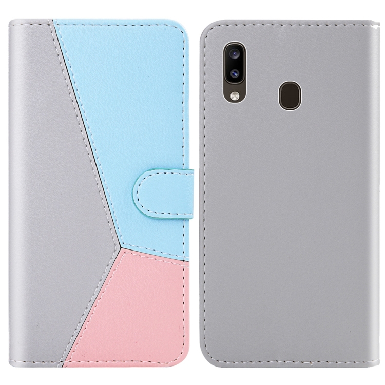 

For Galaxy A20 Tricolor Stitching Horizontal Flip TPU + PU Leather Case with Holder & Card Slots & Wallet(Grey)