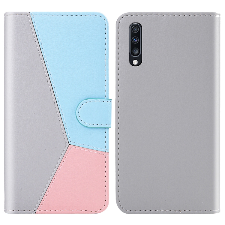 

For Galaxy A70 Tricolor Stitching Horizontal Flip TPU + PU Leather Case with Holder & Card Slots & Wallet(Grey)