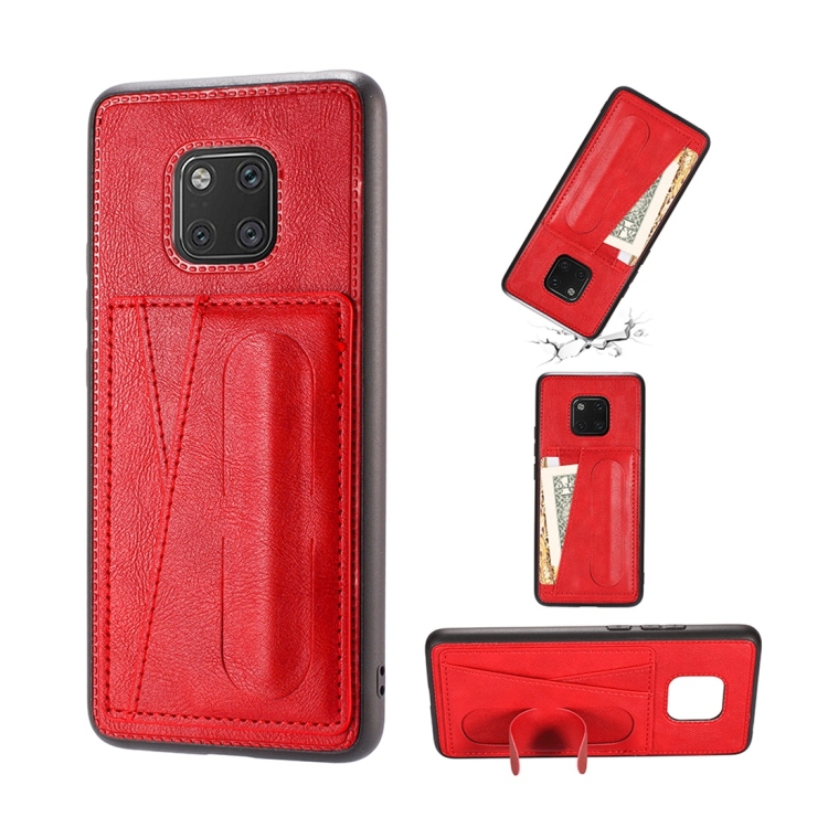 

For Huawei Mate 20 Pro Shockproof PC + PU Protective Case with Spring Holder & Card Slot(Red)