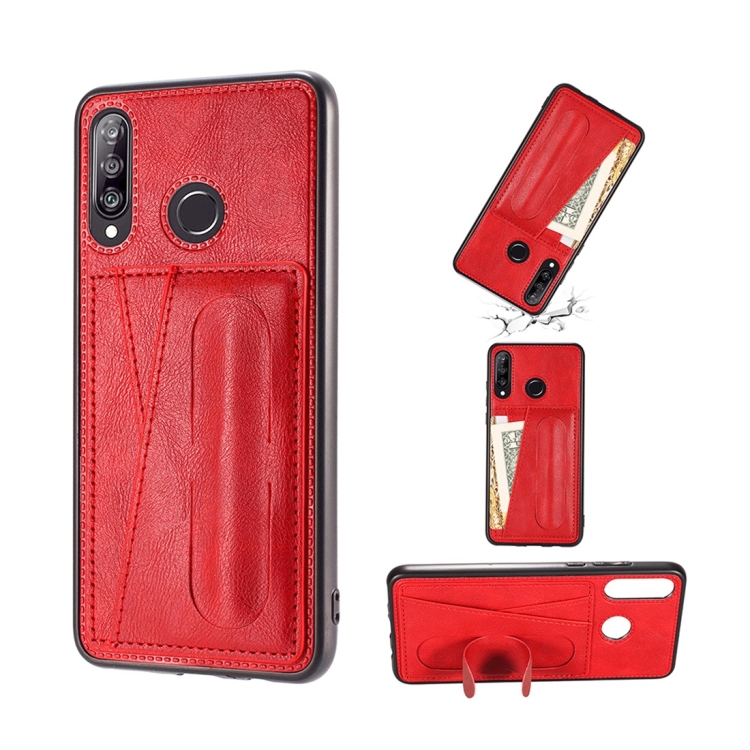 

For Huawei Nova 4 Shockproof PC + PU Protective Case with Spring Holder & Card Slot(Red)