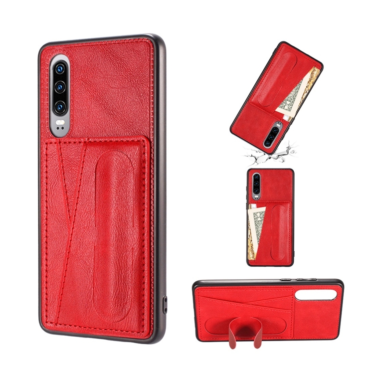 

For Huawei P30 Shockproof PC + PU Protective Case with Spring Holder & Card Slot(Red)