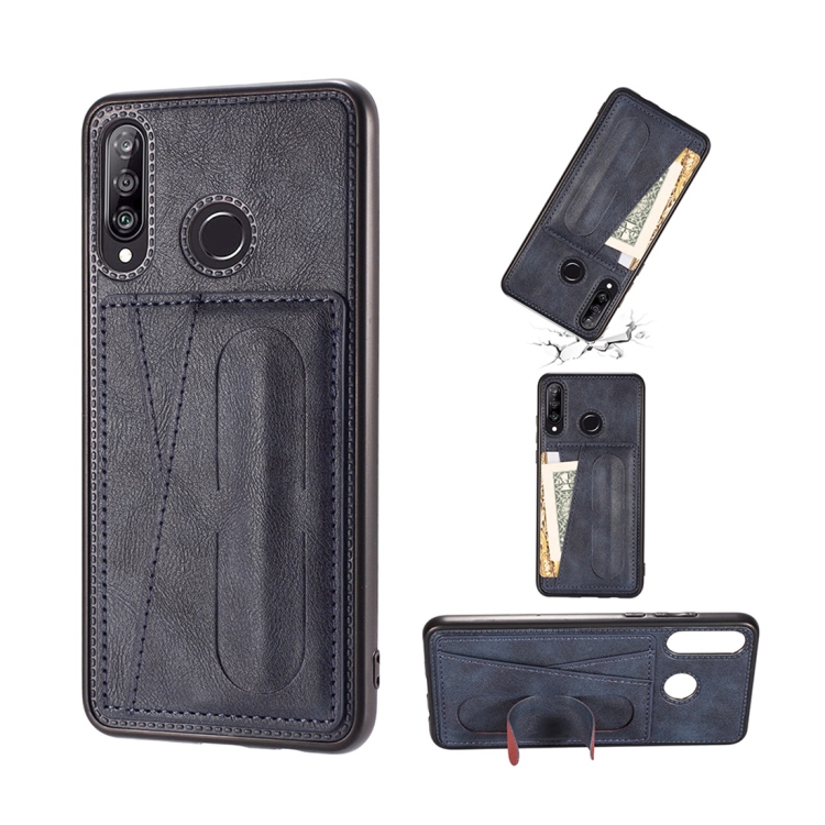 

For Huawei P30 Lite Shockproof PC + PU Protective Case with Spring Holder & Card Slot(Blue)