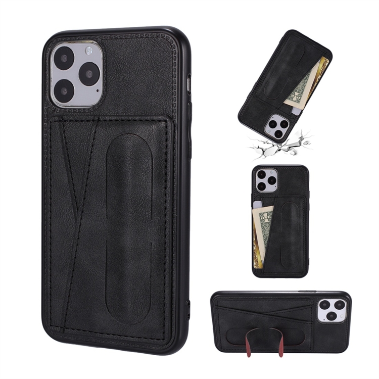 

For iPhone 11 Pro Shockproof PC + PU Protective Case with Spring Holder & Card Slot(Black)