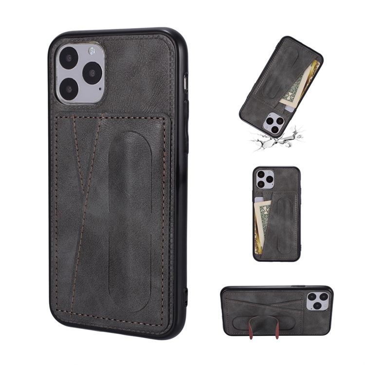 

For iPhone 11 Pro Max Shockproof PC + PU Protective Case with Spring Holder & Card Slot(Grey)