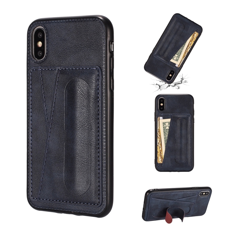 

For iPhone X / XS Shockproof PC + PU Protective Case with Spring Holder & Card Slot(Blue)