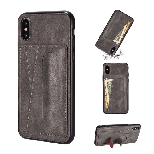 

For iPhone XS Max Shockproof PC + PU Protective Case with Spring Holder & Card Slot(Grey)