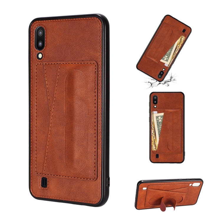 

For Galaxy A10 Shockproof PC + PU Protective Case with Spring Holder & Card Slot(Brown)