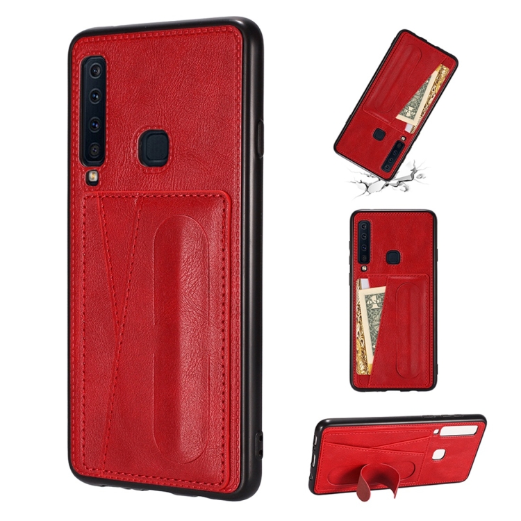 

For Galaxy A9 Pro (2016) Shockproof PC + PU Protective Case with Spring Holder & Card Slot(Red)